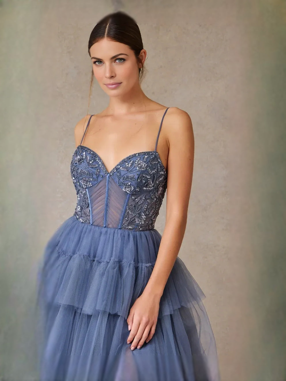 Slate Blue floor-length prom dress, alternate view showing the skirt and hem