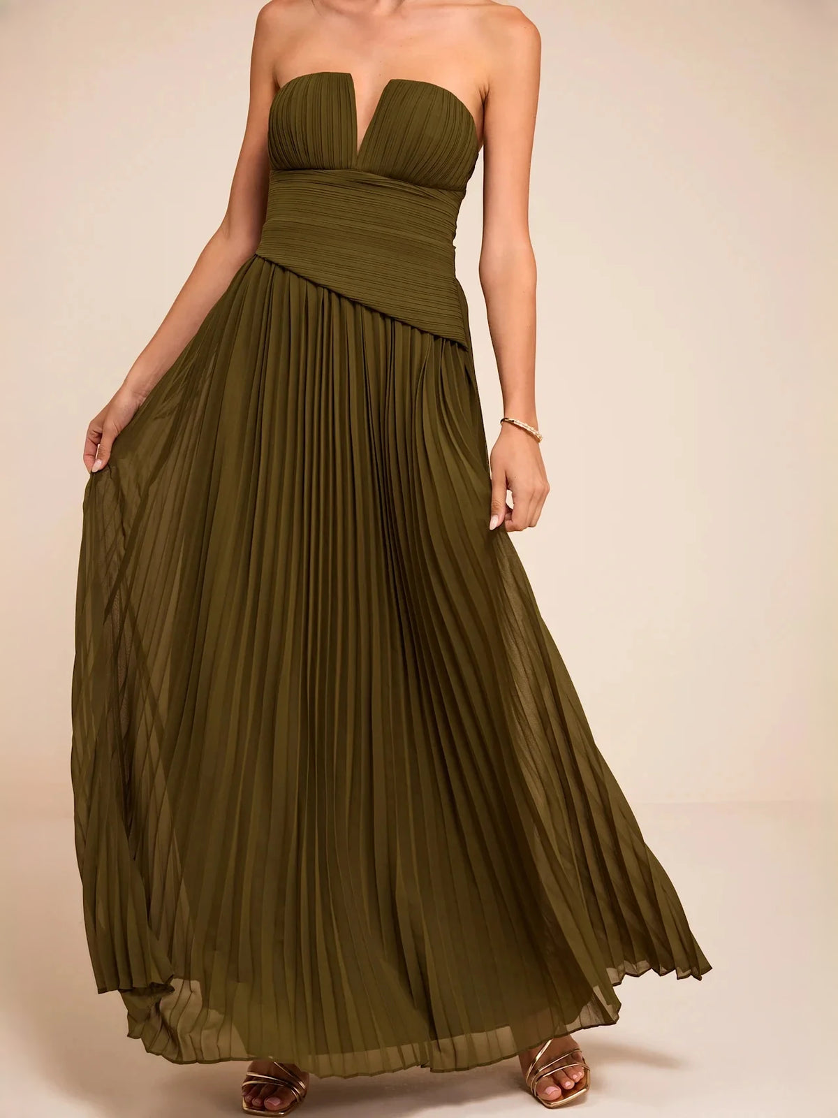 Olive Green maxi bridesmaid dress, alternate view showing the skirt and hem