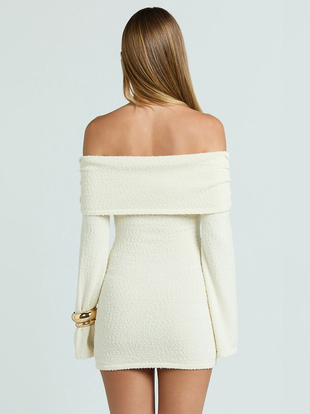 Cream mini homecoming dress, alternate view showing the skirt and hem