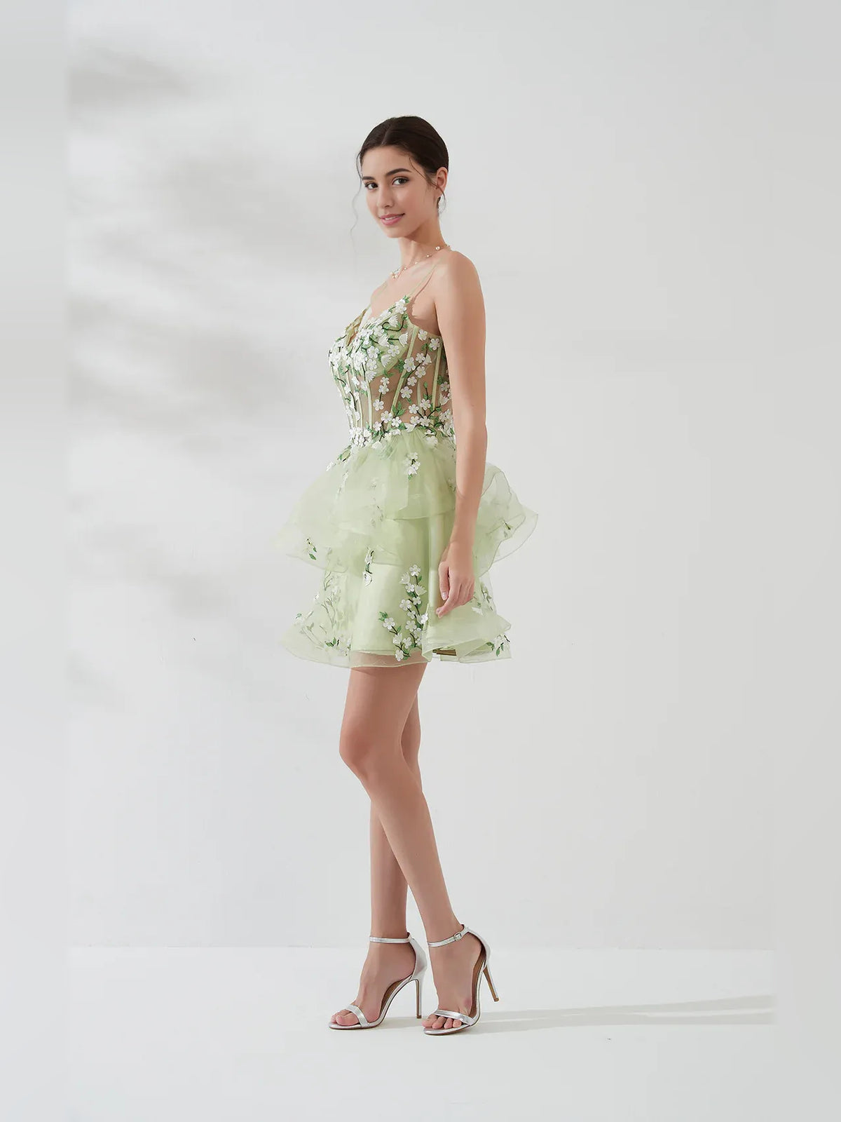 Sage Green mini homecoming dress, alternate view showing the skirt and hem