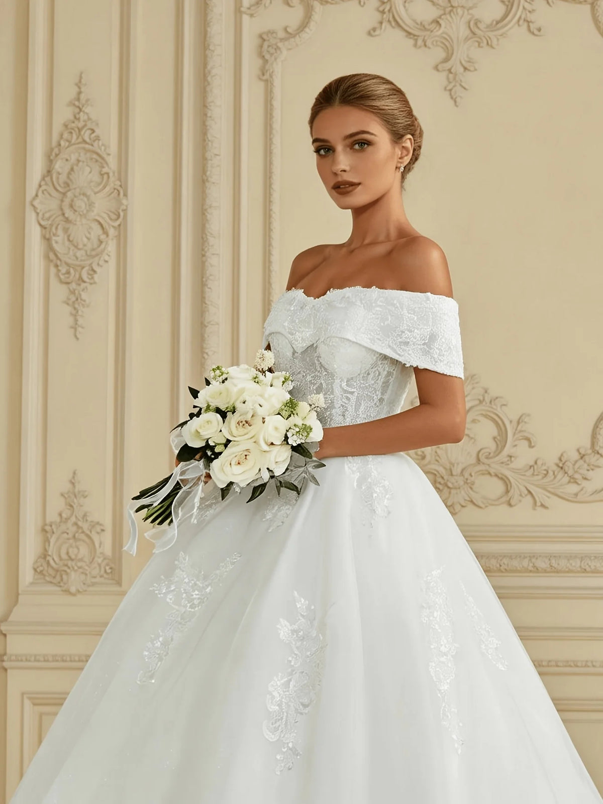 Ivory floor-length wedding dress, alternate view showing the skirt and hem