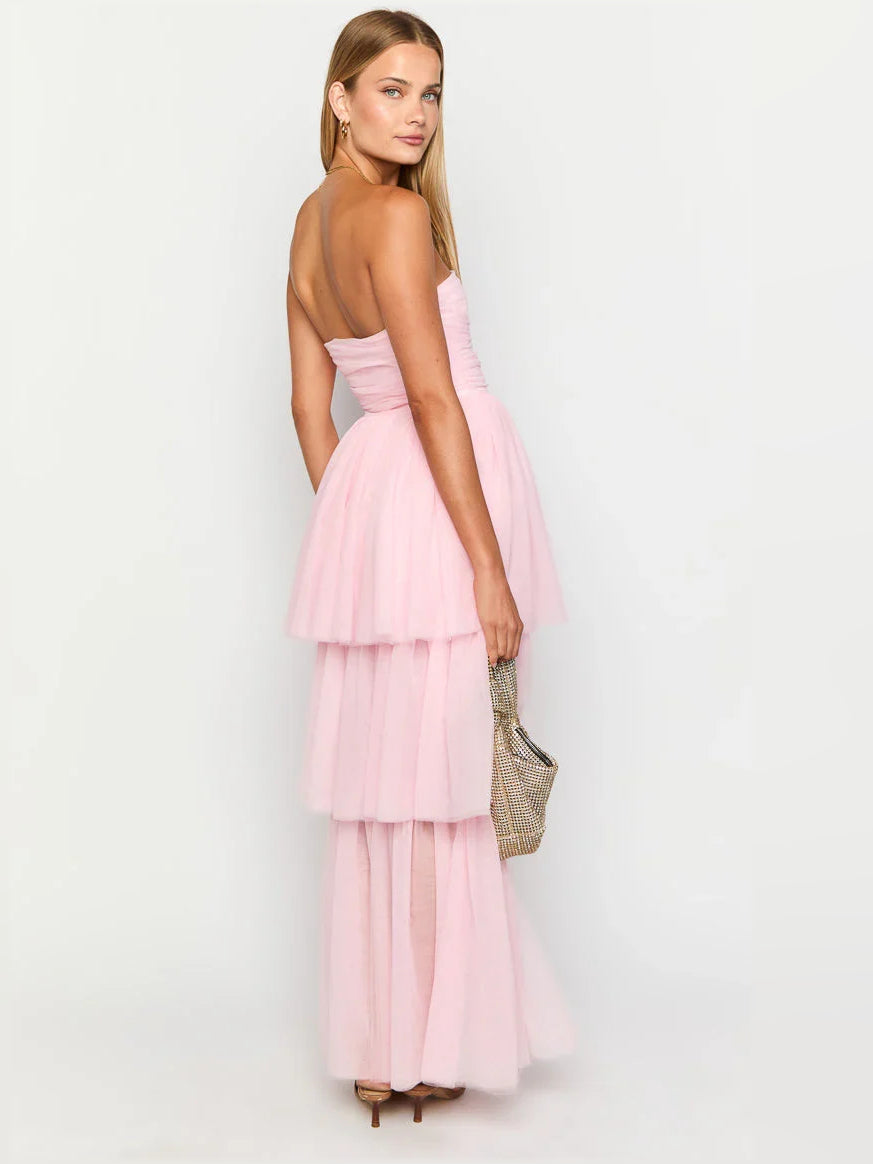 Pink high-low prom dress, alternate view showing the skirt and hem