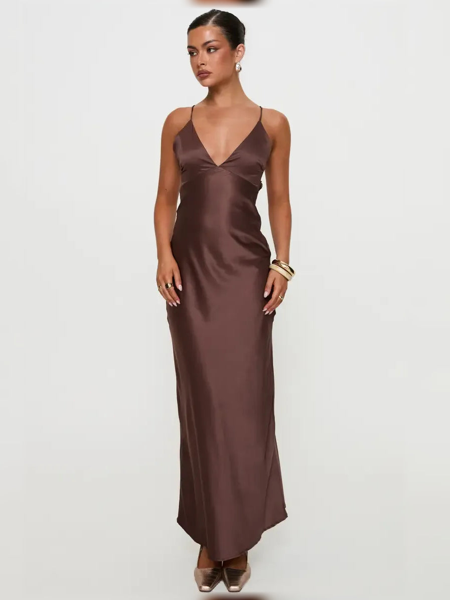 Chocolate floor-length formal dress with draping, alternate view showing the skirt