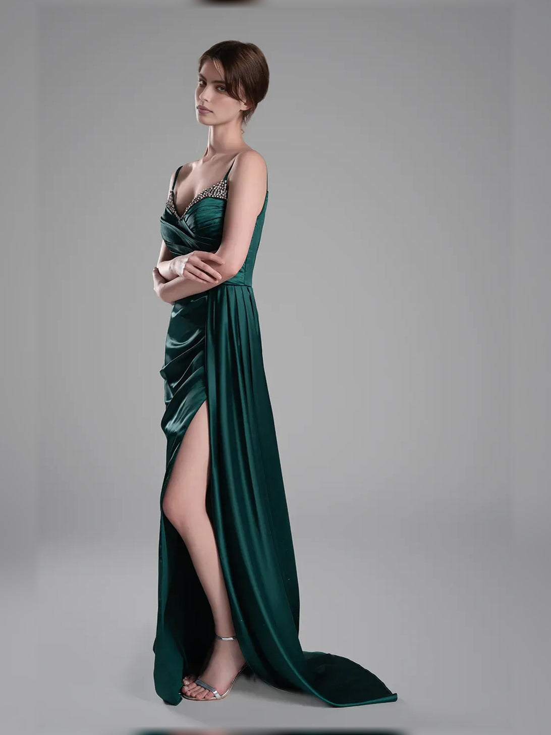 Peacock mermaid floor-length formal dress with skirt slit, alternate view showing the skirt