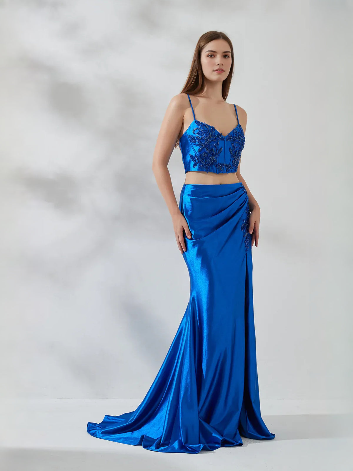 Cobalt Blue floor-length prom dress, alternate view showing the skirt and hem