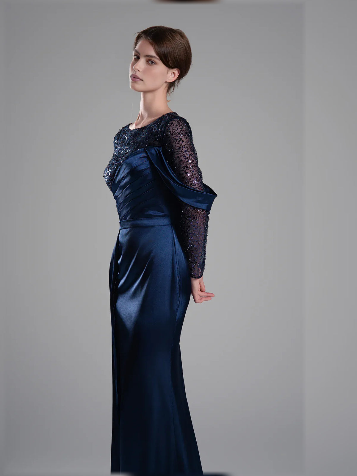 Navy Blue mermaid floor-length formal dress with ruching, alternate view showing the skirt