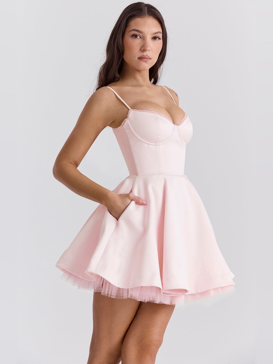 Pink mini homecoming dress, alternate view showing the skirt and hem