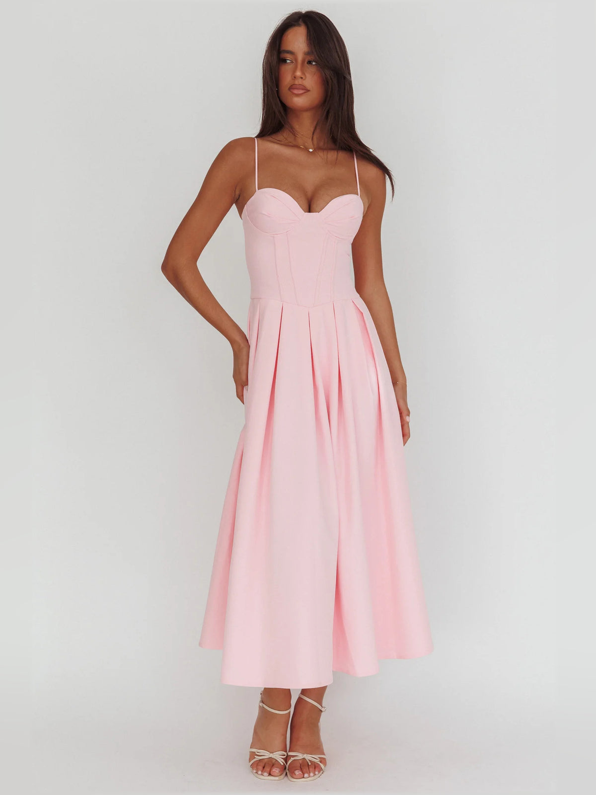 Pink midi formal dress with pleated skirt, alternate view showing the skirt