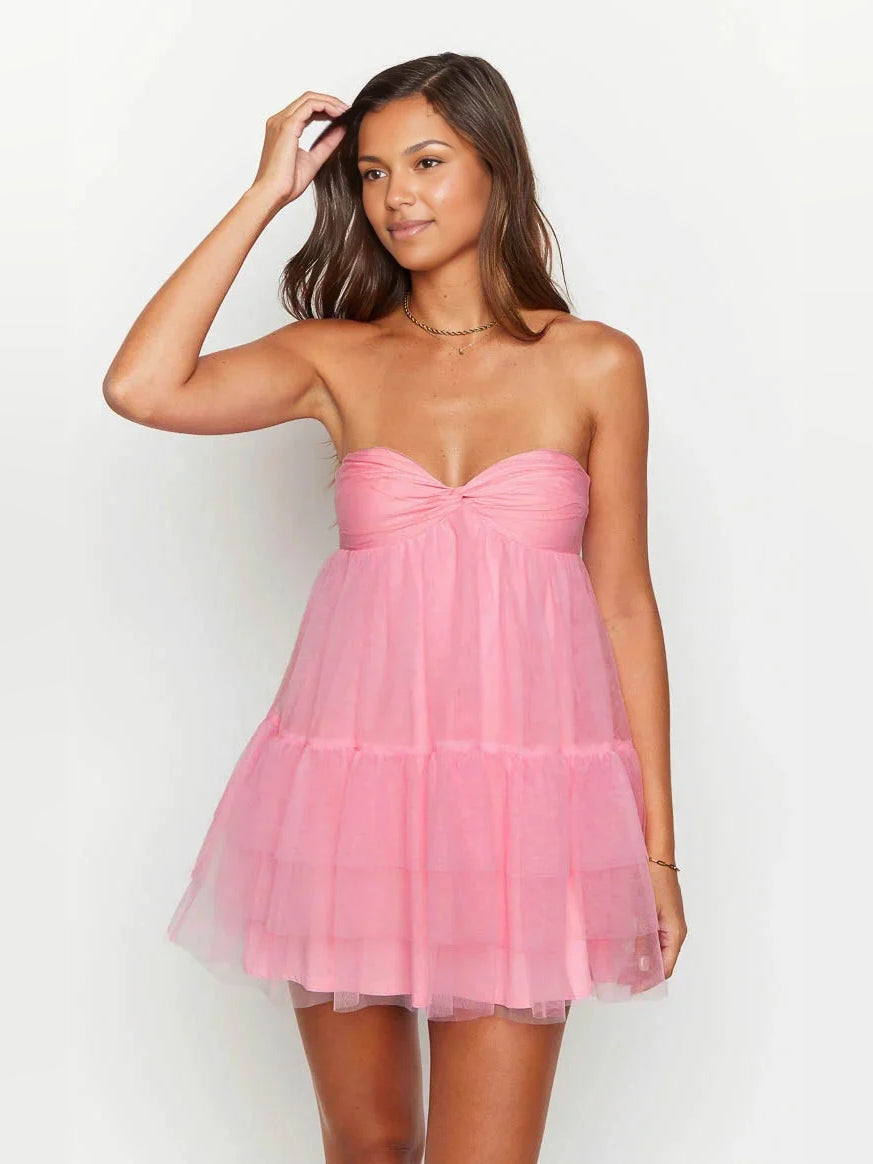 Hot Pink mini homecoming dress, alternate view showing the skirt and hem