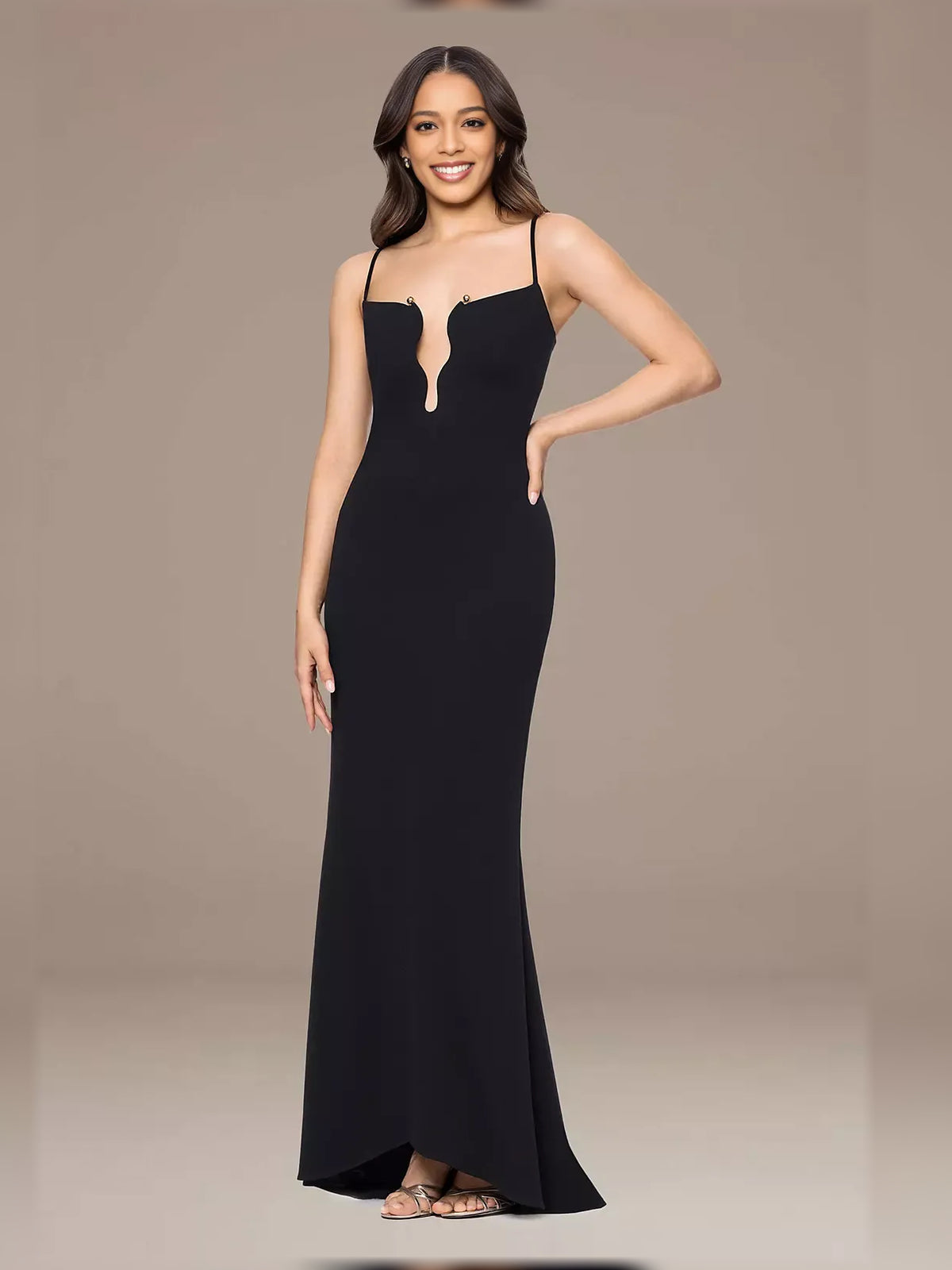 Black mermaid maxi formal dress with draping, alternate view showing the hem