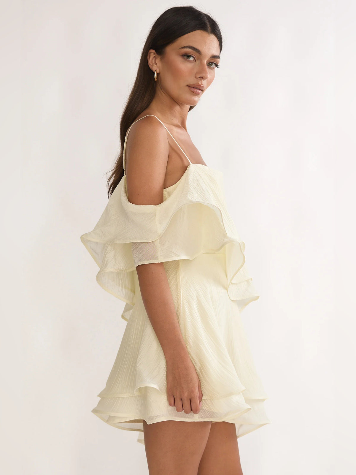 Cream mini homecoming dress, alternate view showing the full-length profile