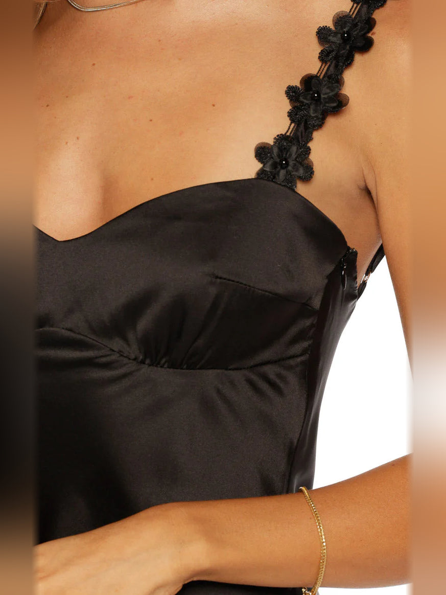 Black mini homecoming dress, alternate view showing the full-length profile
