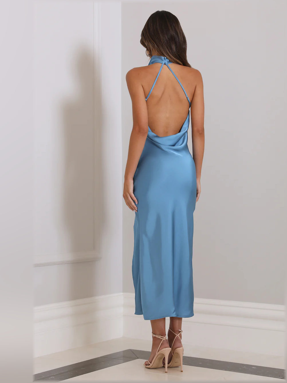 Blue midi formal dress, alternate view showing the hem