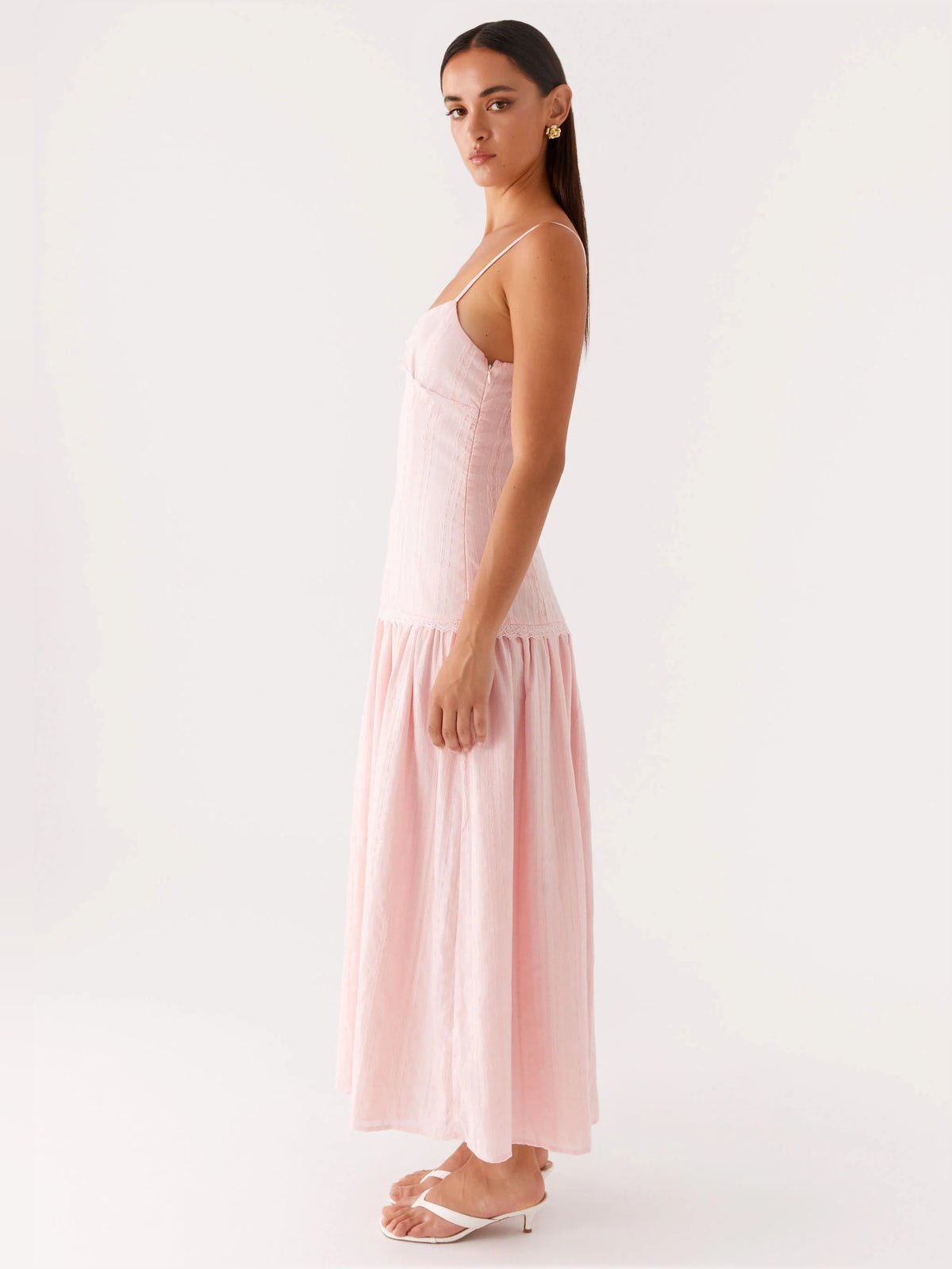 Pink midi formal dress, alternate view showing the hem