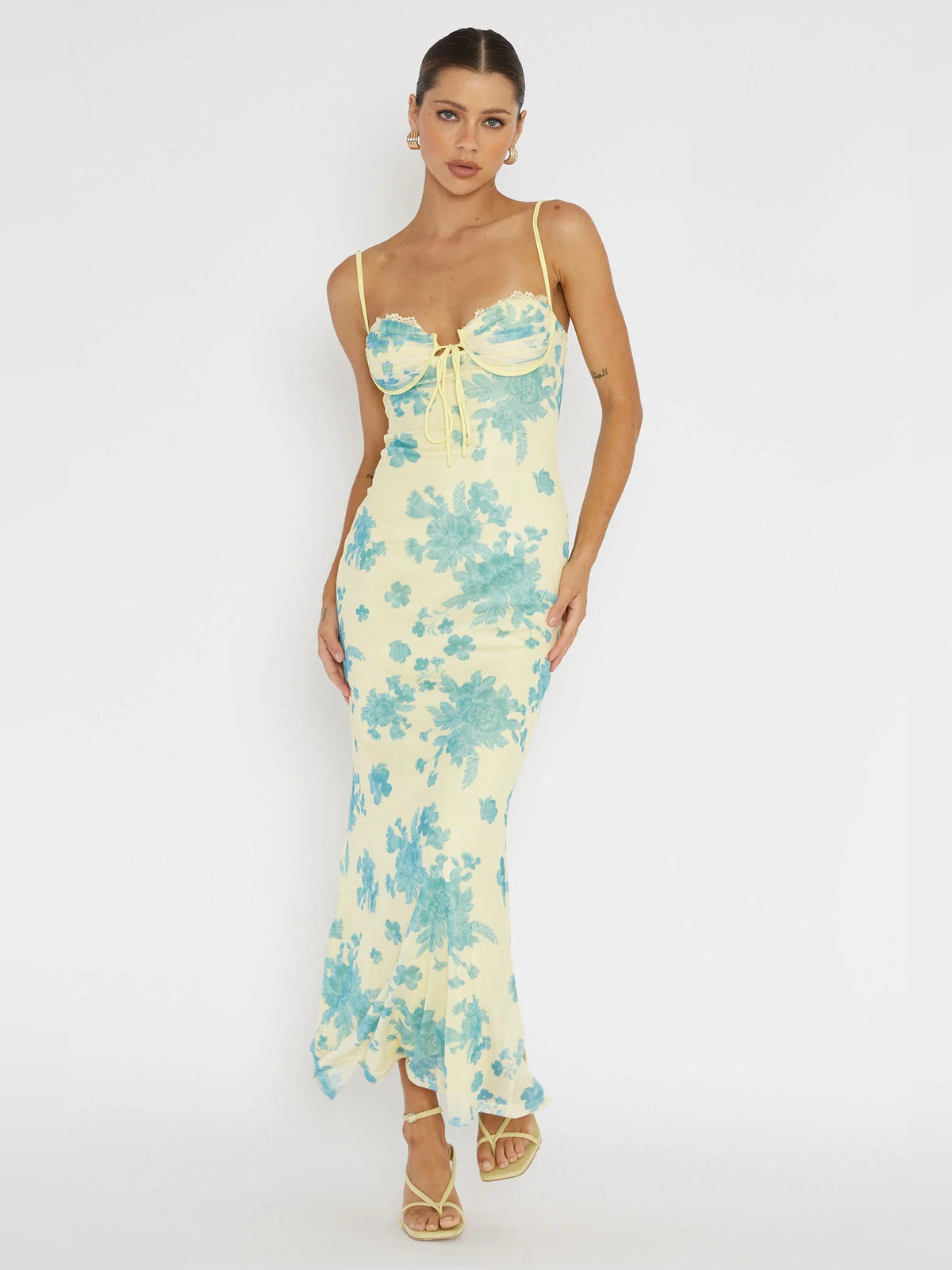 Yellow midi formal dress, alternate view showing the hem