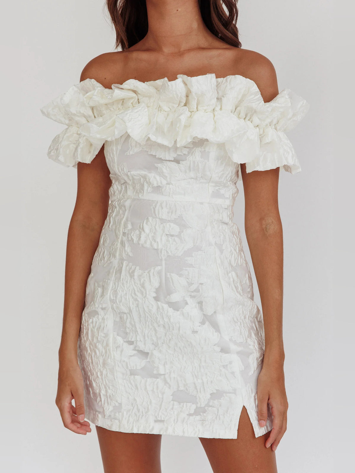 White mini homecoming dress, alternate view showing the full-length profile
