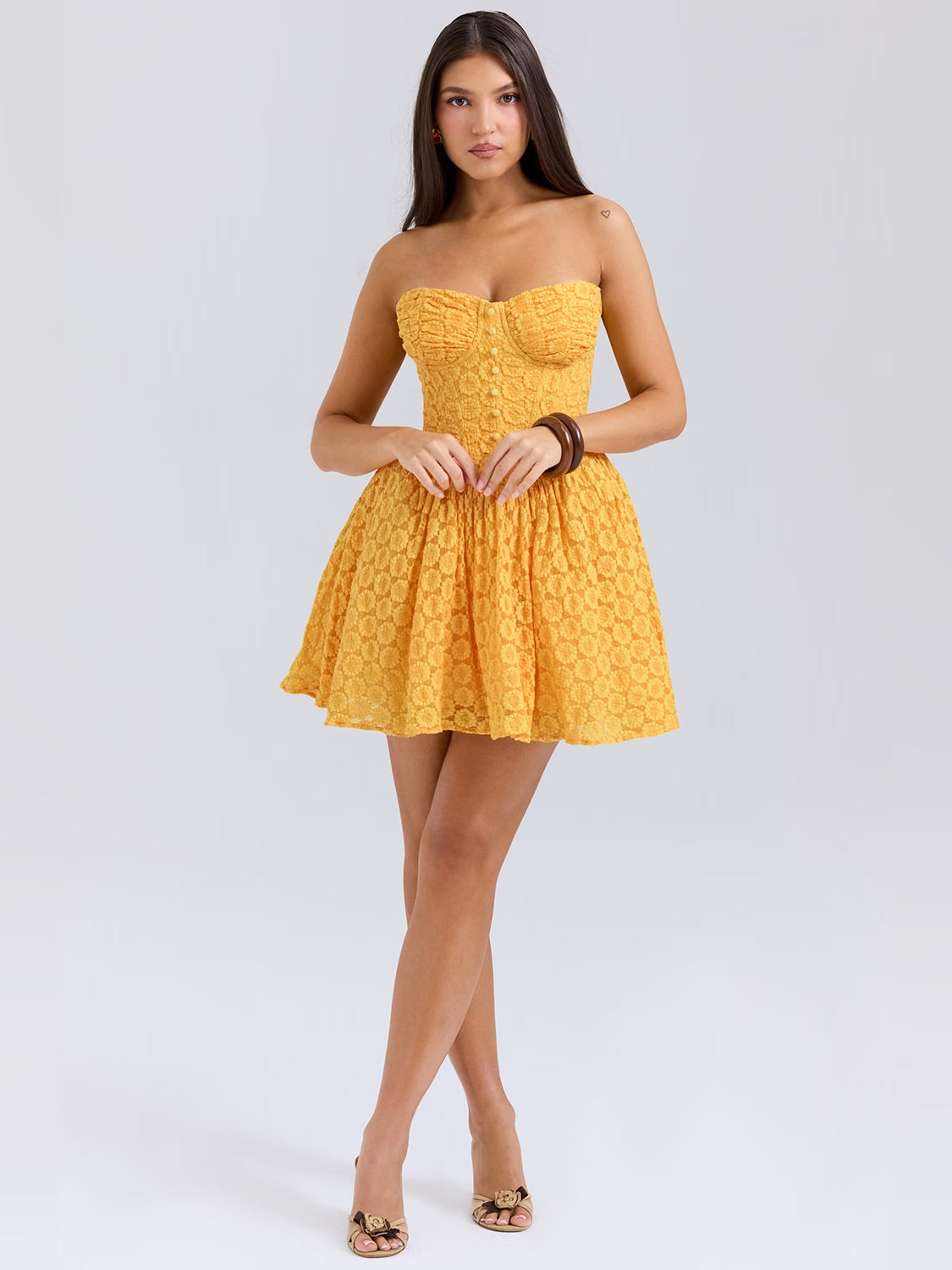 Apricot mini homecoming dress, alternate view showing the full-length profile
