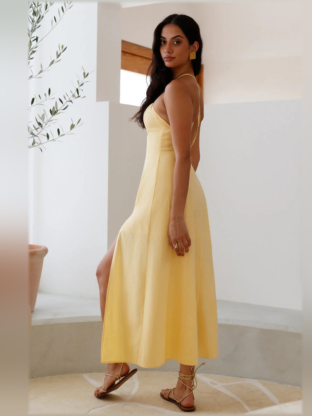 Yellow midi formal dress, alternate view showing the hem