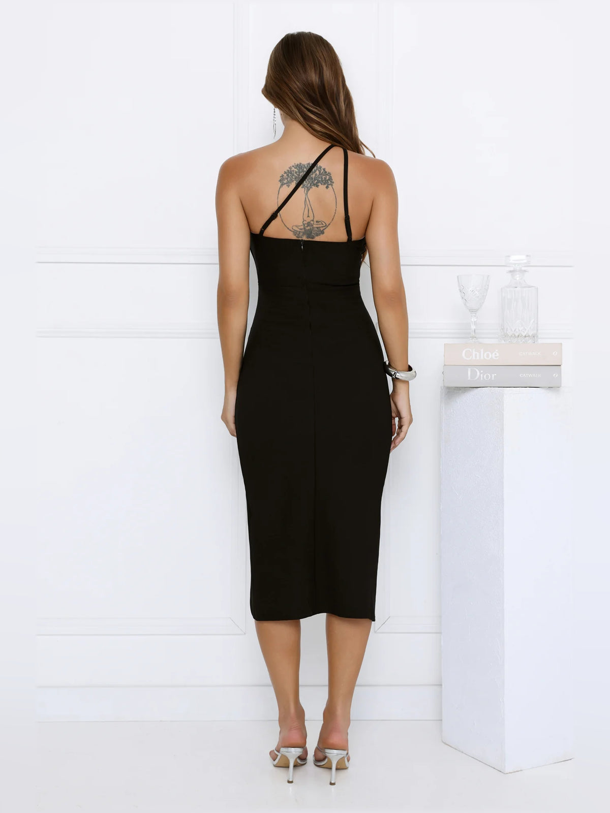 Black midi formal dress, alternate view showing the hem