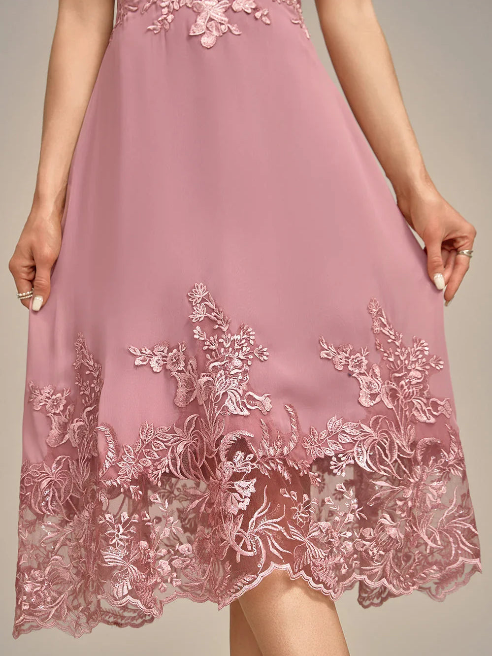 Dusty Rose knee-length mother of the bride dress, alternate view showing the full-length profile