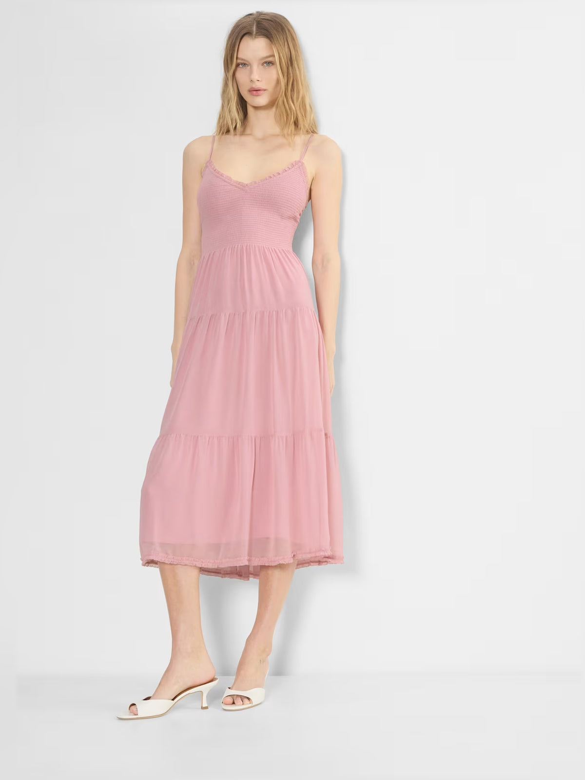 pink midi formal dress with tiered skirt, alternate view showing the hem