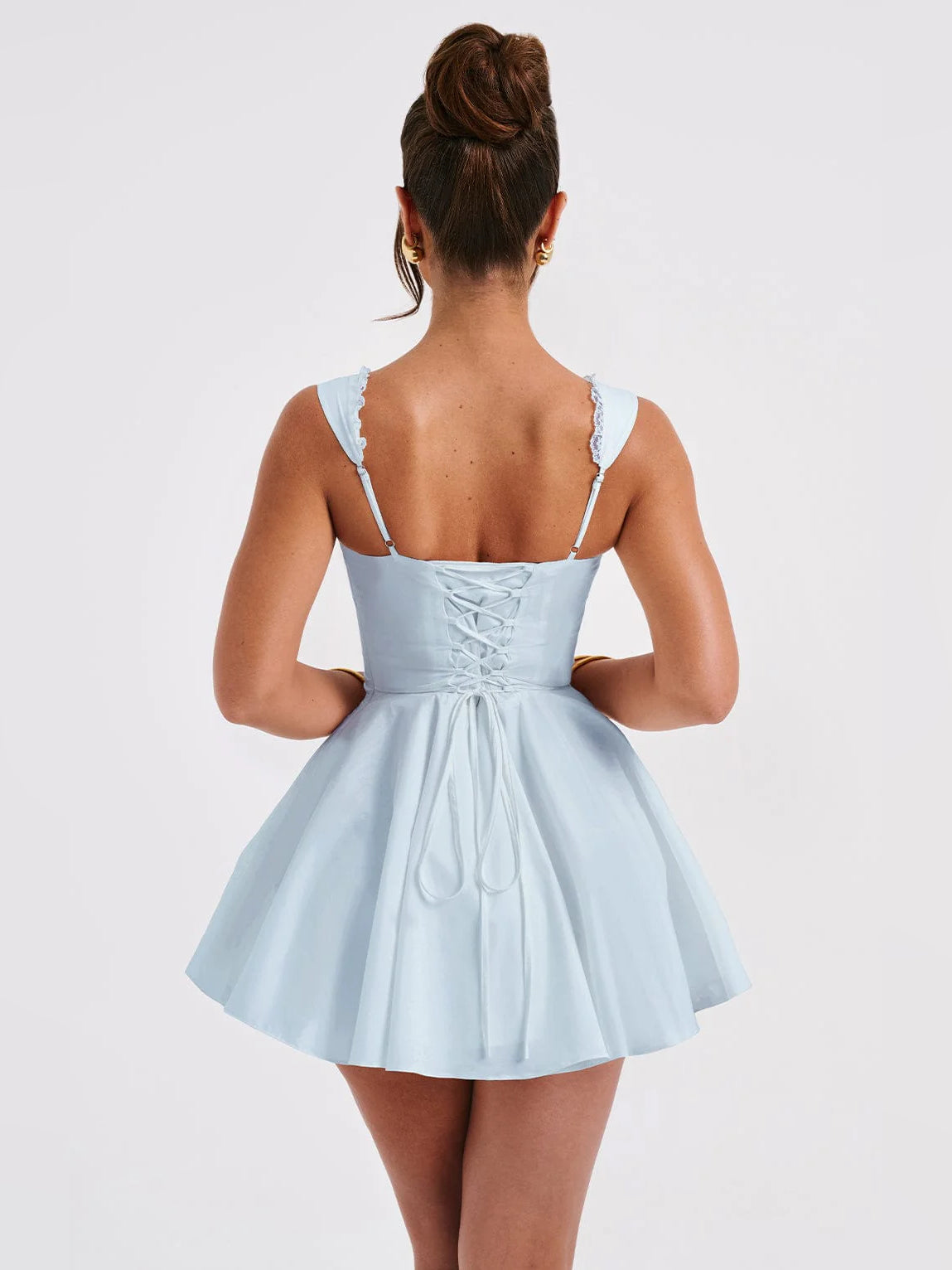 Blue mini homecoming dress, alternate view showing the full-length profile