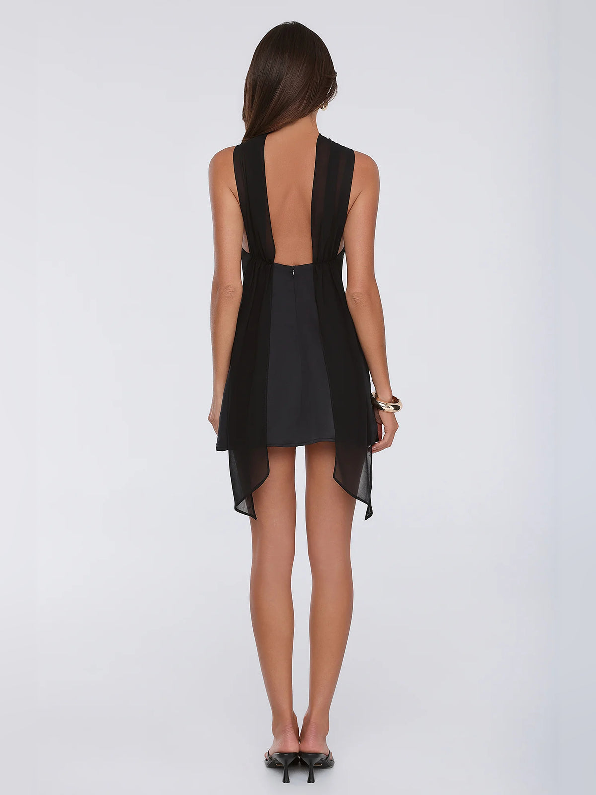 Black mini homecoming dress, alternate view showing the full-length profile