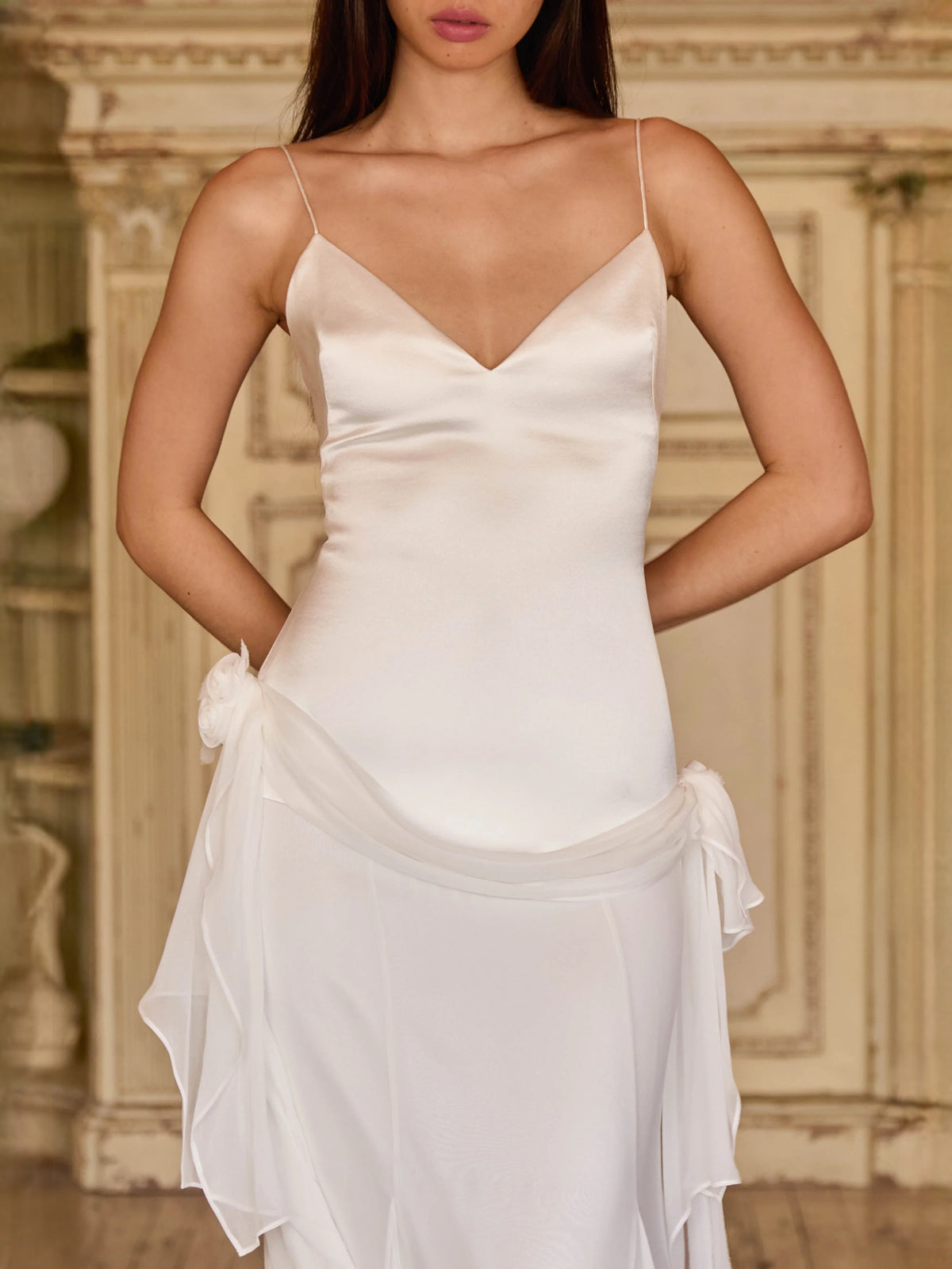 Ivory white maxi prom dress, alternate view showing the full-length profile