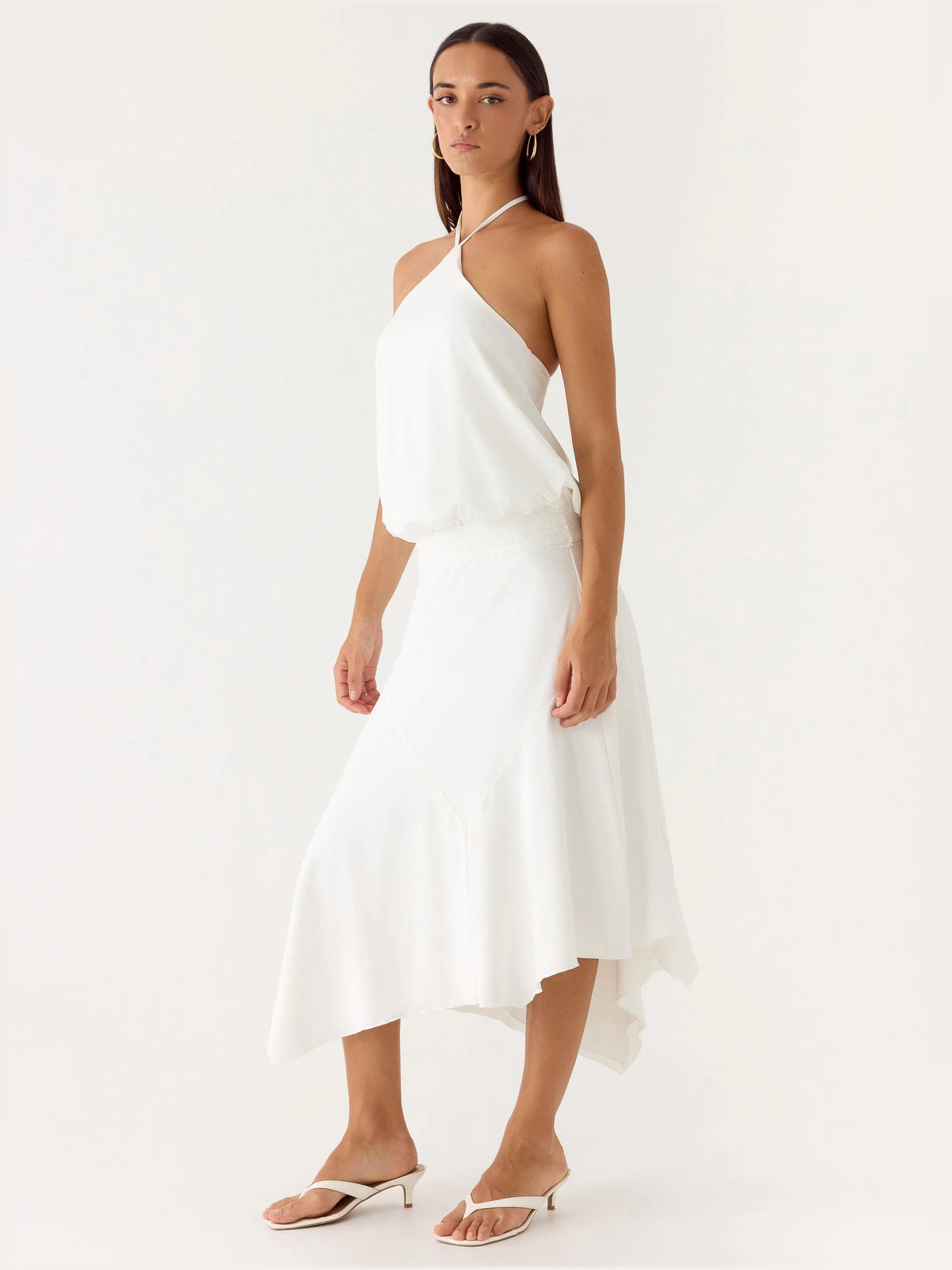 White midi formal dress, alternate view showing the hem