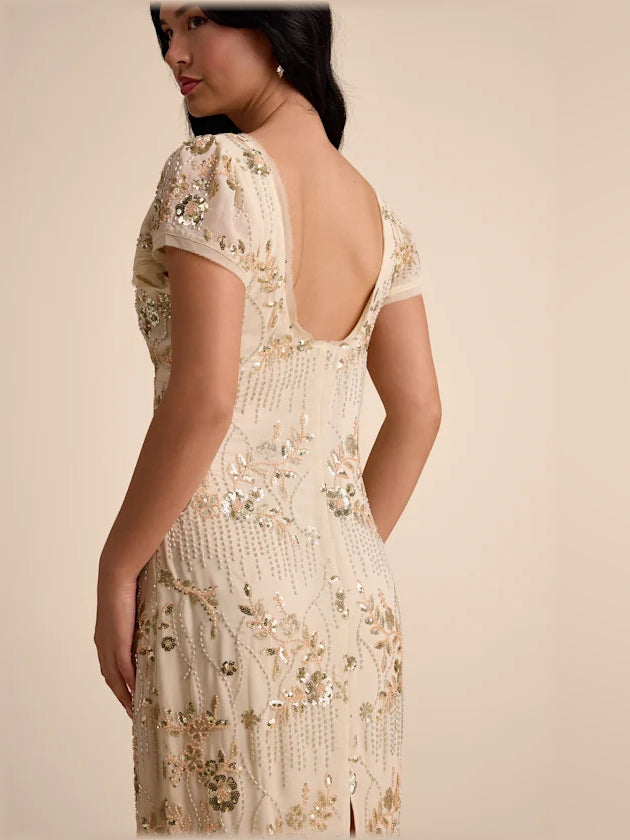 Beige midi formal dress with sequins, alternate view showing the hem