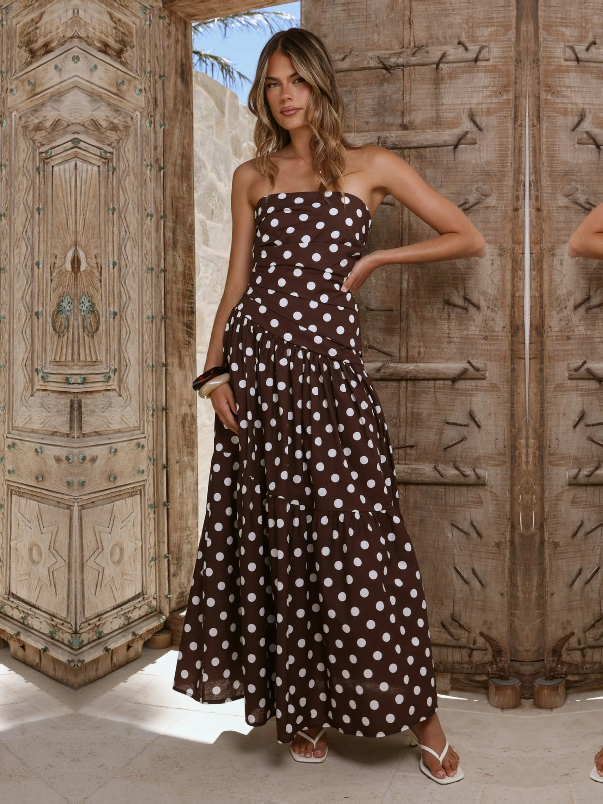 Brown White Polka Dot a-line maxi formal dress with printed pattern, alternate view showing the hem
