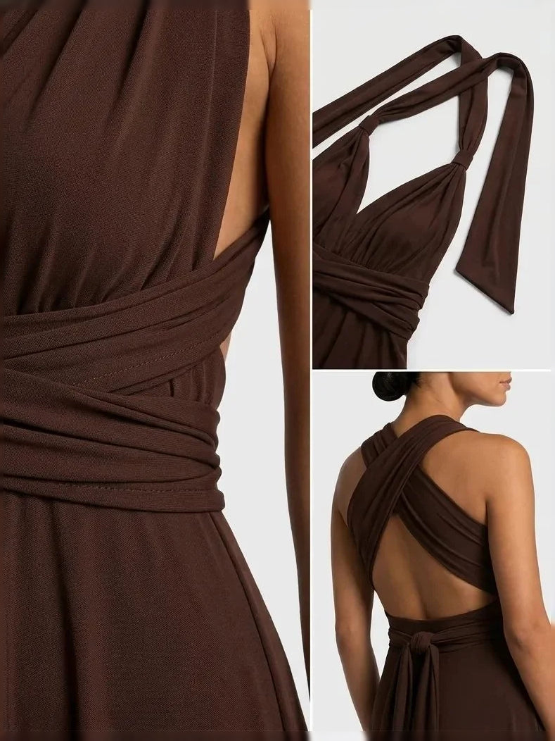Chocolate maxi bridesmaid dress, alternate view showing the full-length profile
