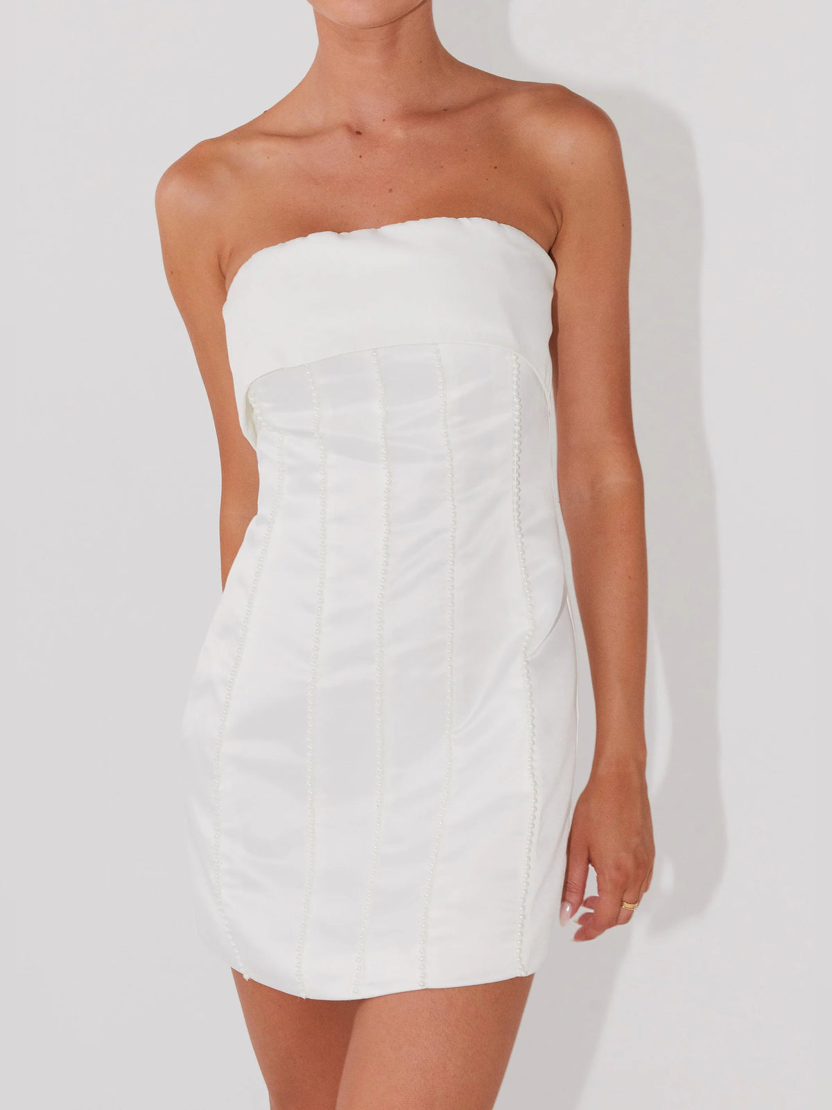 Pearl mini homecoming dress, alternate view showing the full-length profile