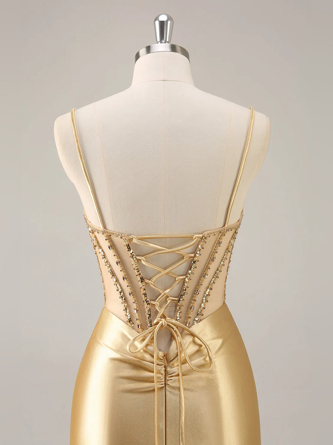 Gold mini homecoming dress, alternate view showing the full-length profile