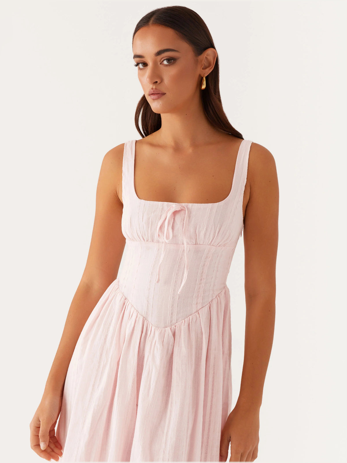 Pink midi formal dress, alternate view showing the hem