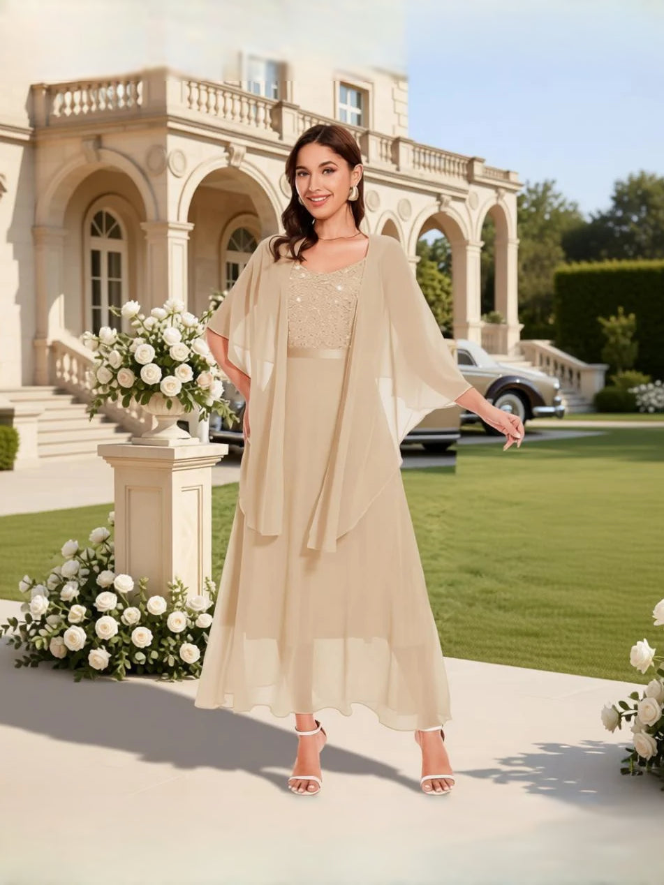Champagne midi mother of the bride dress, alternate view showing the full-length profile
