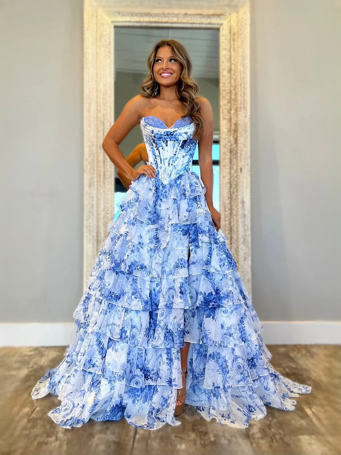 Blue floor-length prom dress, alternate view showing the full-length profile