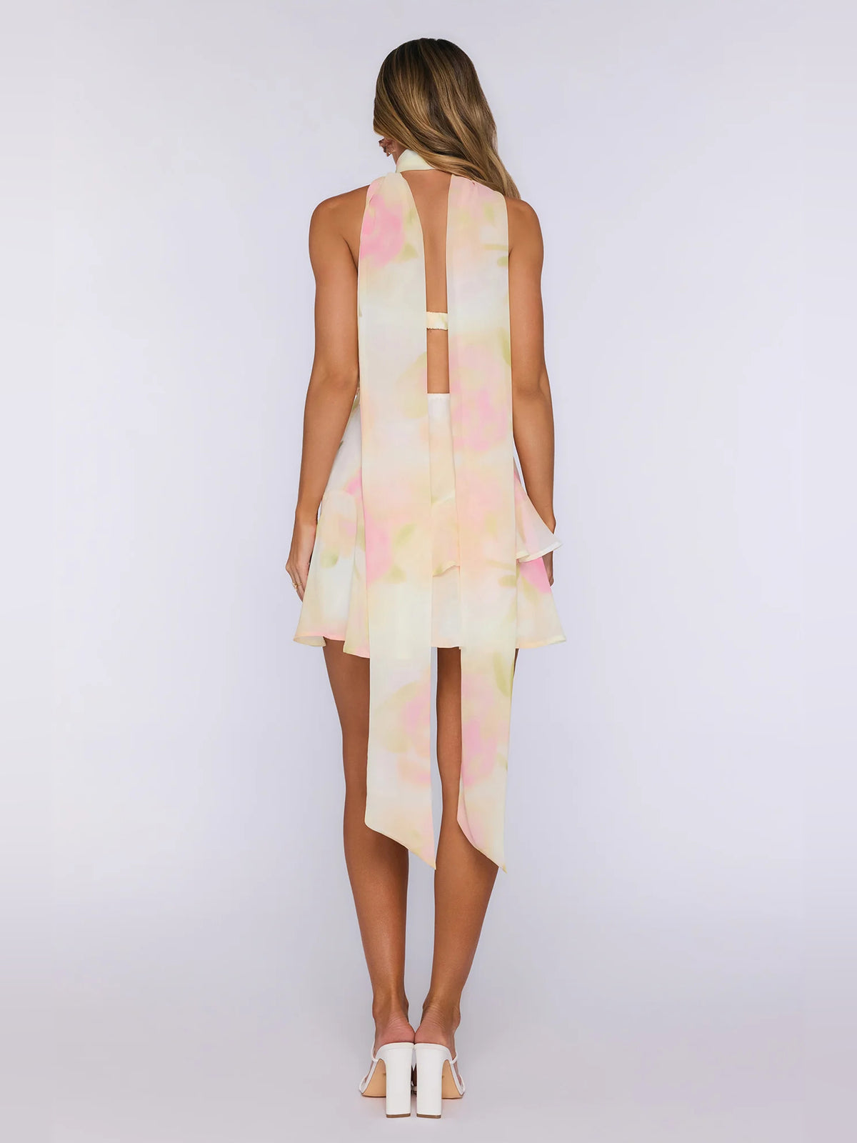 Print mini homecoming dress, alternate view showing the full-length profile