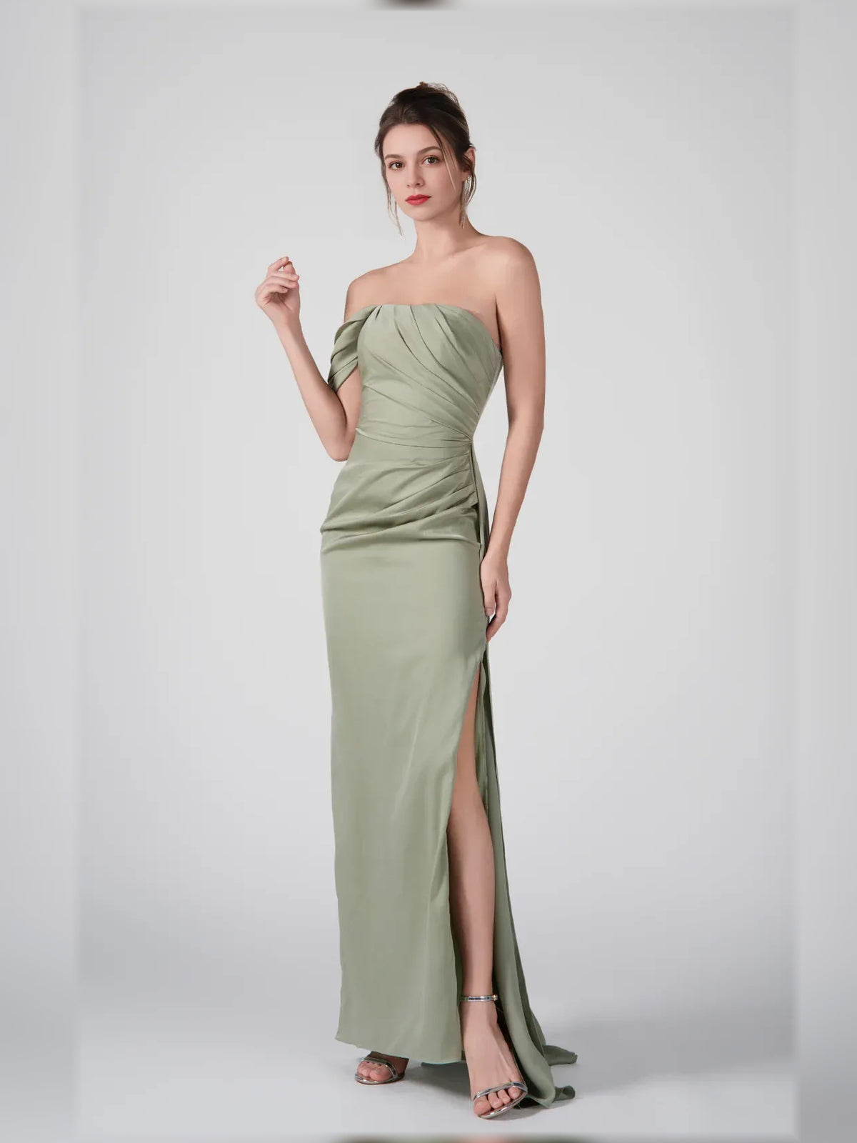 Dusty Sage mermaid maxi formal dress with draping, alternate view showing the hem
