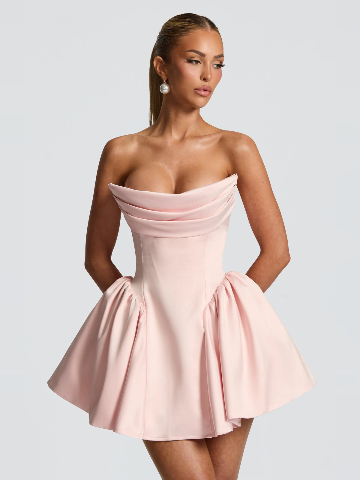 Blush mini homecoming dress, alternate view showing the full-length silhouette