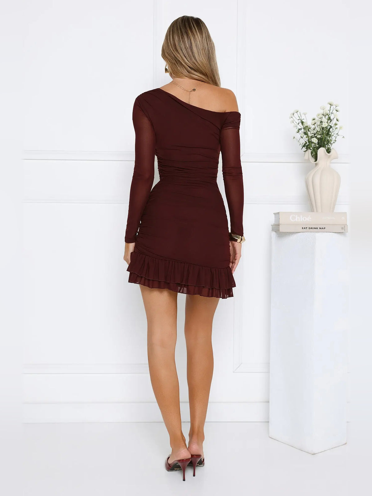 Chocolate mini homecoming dress, alternate view showing the full-length silhouette