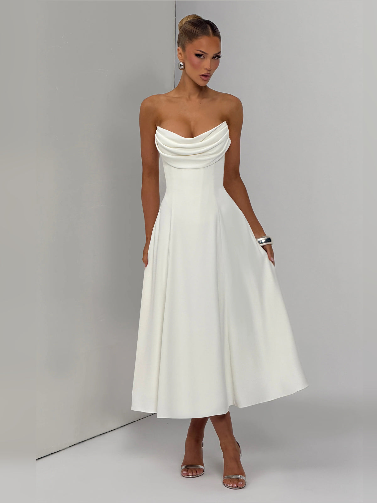 Ivory midi formal dress, alternate view showing the shoulder line