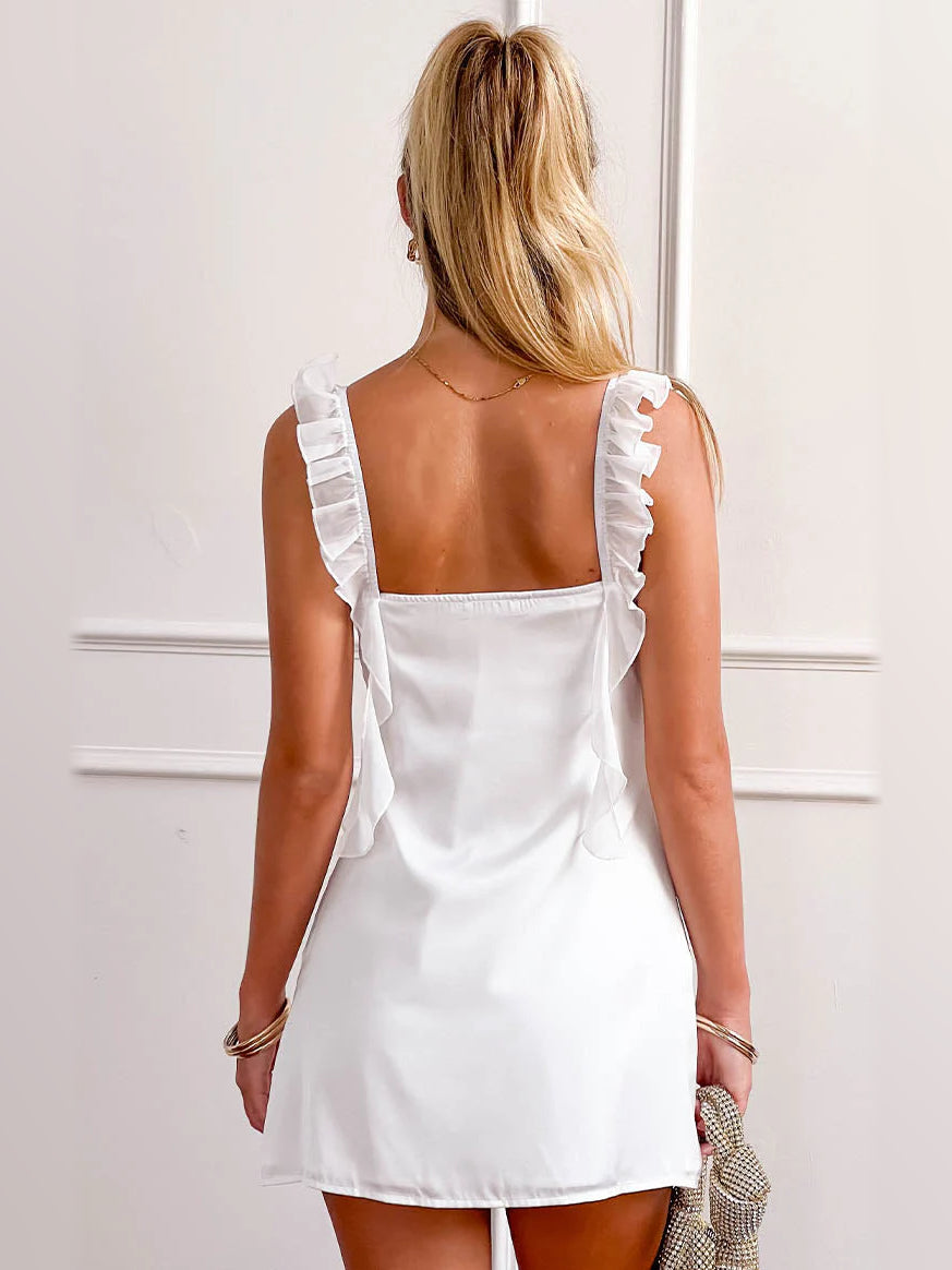 White mini homecoming dress, alternate view showing the full-length silhouette