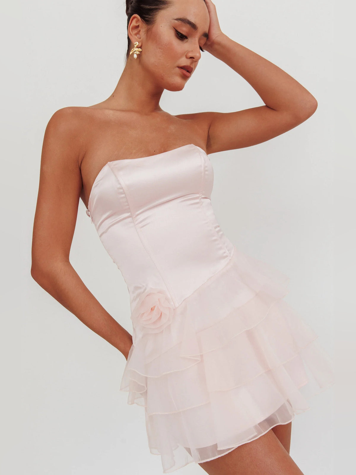 Blush mini homecoming dress, alternate view showing the full-length silhouette