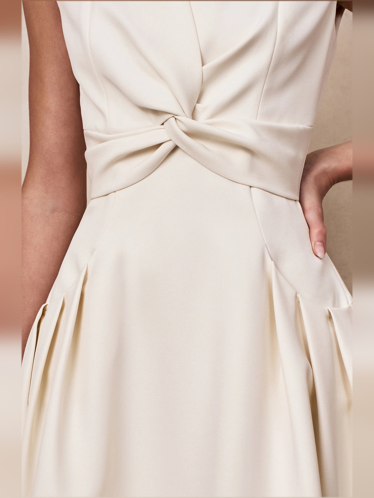 Cream midi formal dress with V-neckline, alternate view showing the shoulder line