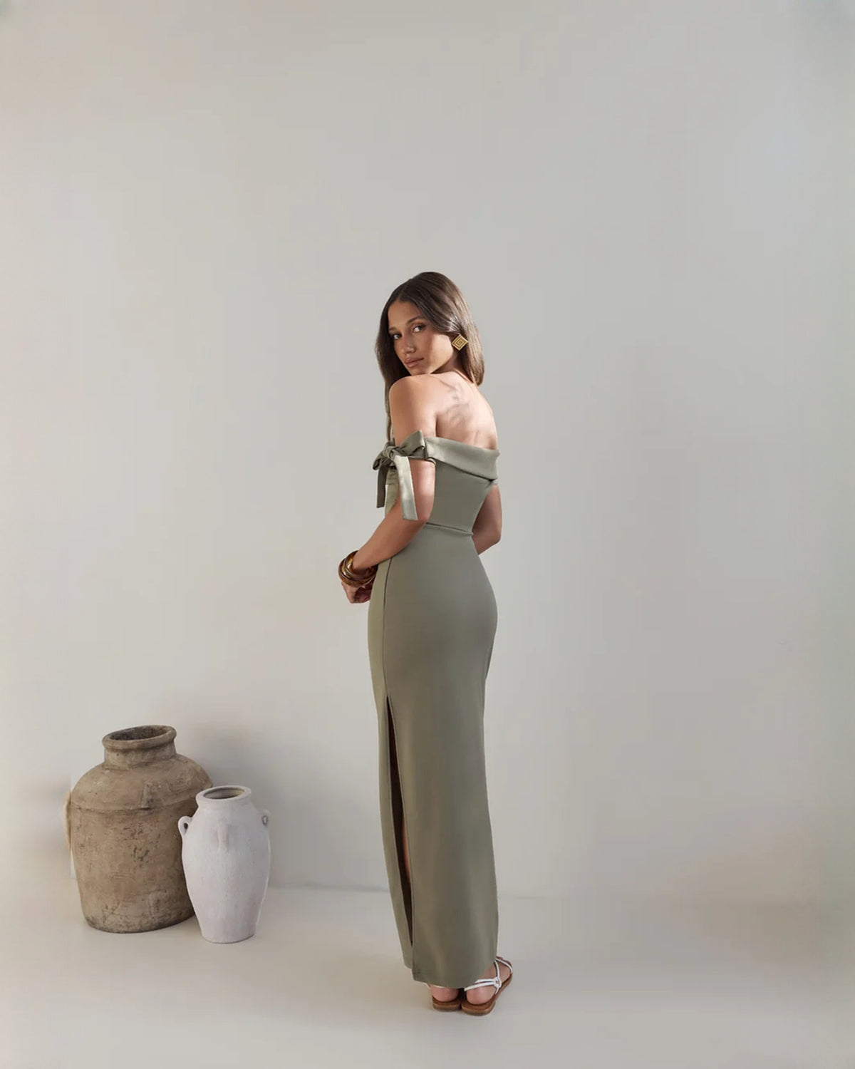 off-shoulder structured satin a-line maxi bridesmaid dress - image 7
