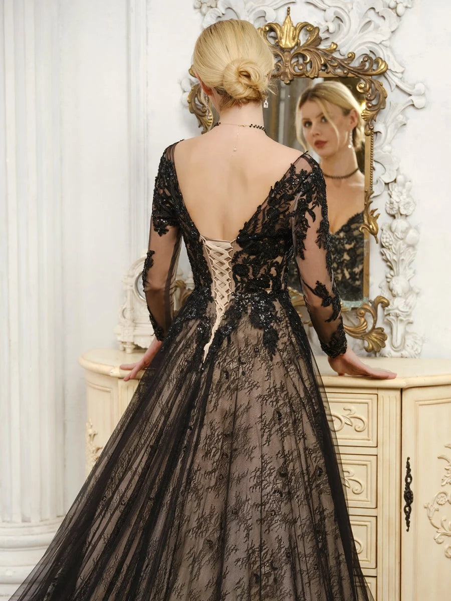 Black floor-length wedding dress, alternate view showing the full-length silhouette