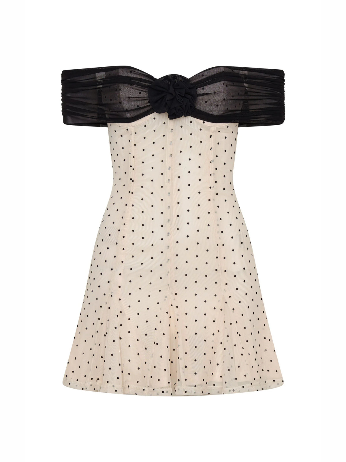 Cream Black Polka Dot mini homecoming dress, alternate view showing the bodice and skirt from another angle