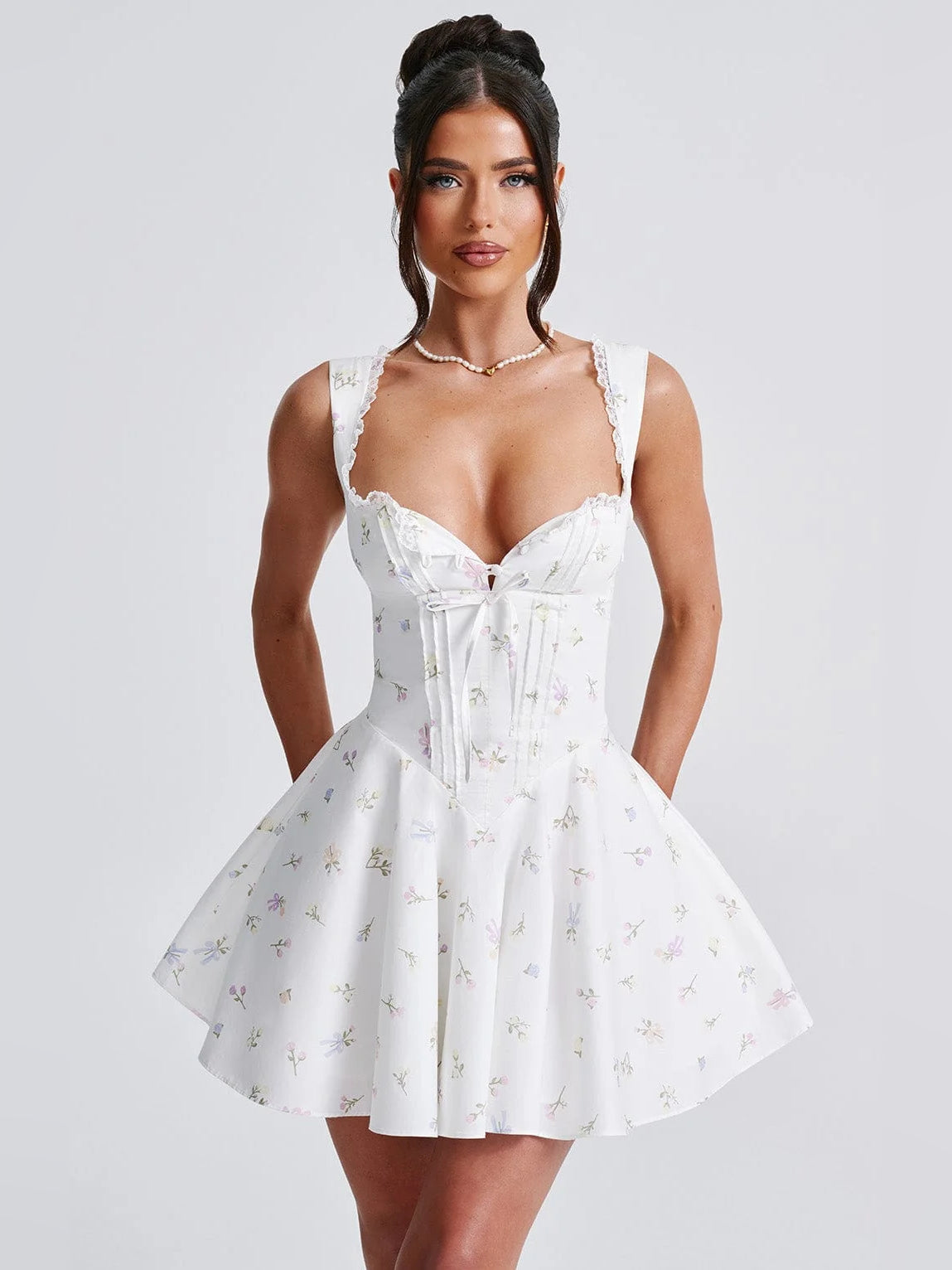 Floral mini homecoming dress, alternate view showing the bodice and skirt from another angle