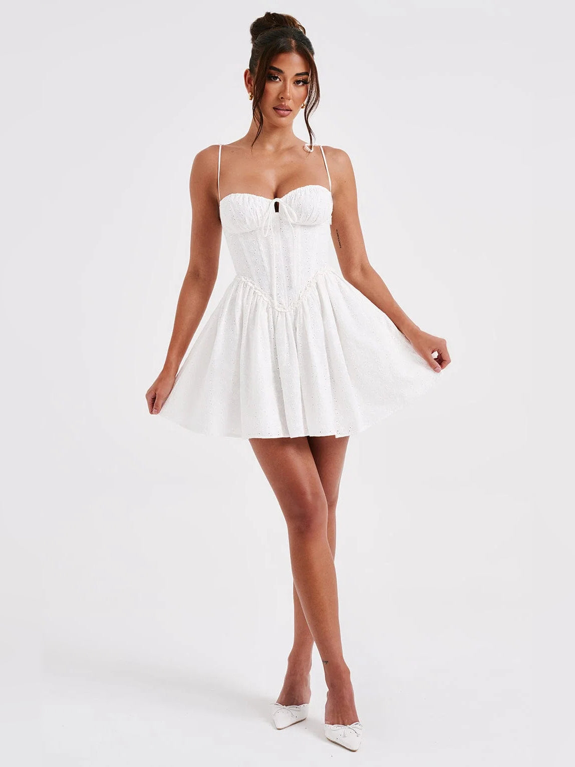 Ivory mini homecoming dress, alternate view showing the bodice and skirt from another angle